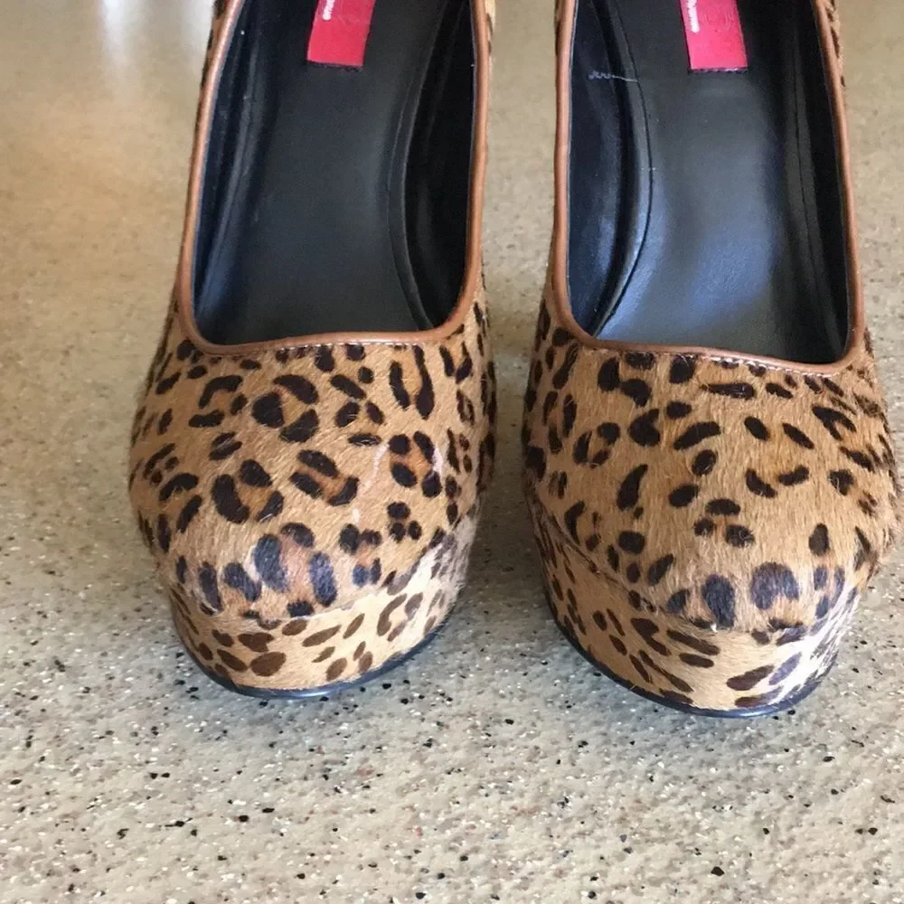 Leopard print calf hair platform heels
